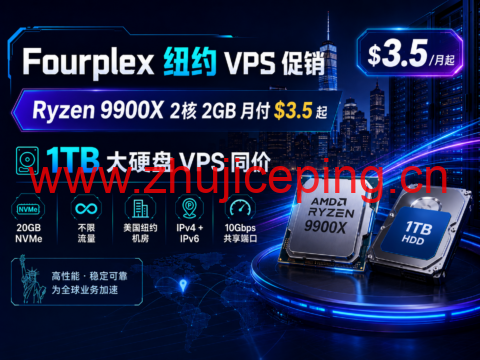 Fourplex 纽约 VPS 促销:Ryzen 9900X 2核 2GB 月付 $3.5 起,1TB 大硬盘 VPS 同价-国外主机测评