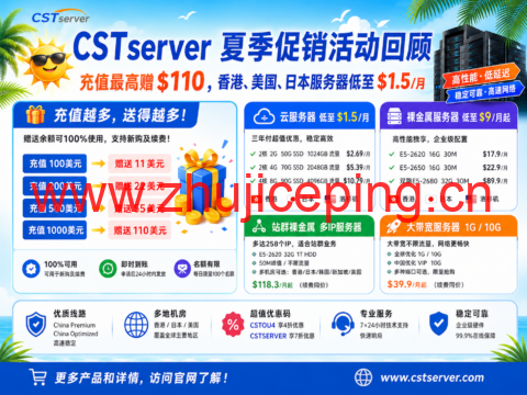 CSTserver 夏季促销活动回顾：充值最高赠 $110，香港、美国、日本服务器低至 $1.5/月-国外主机测评