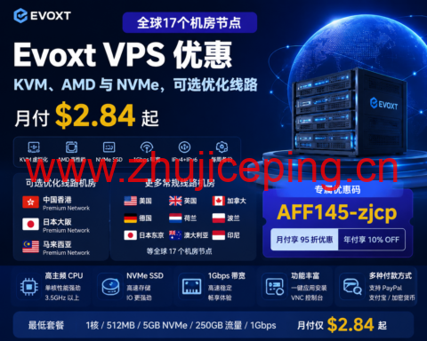 Evoxt 全球17个机房 VPS 优惠:KVM、AMD 与 NVMe,可选优化线路,月付 $2.84 起-国外主机测评