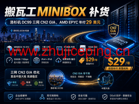 搬瓦工 MINIBOX 补货:洛杉矶 DC99 三网 CN2 GIA,AMD EPYC 年付 29 美元-国外主机测评