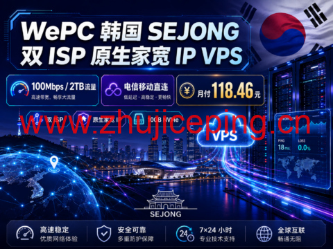 WePC 韩国 SEJONG 双 ISP 原生家宽 IP VPS:100Mbps/2TB 流量,电信移动直连,月付 118.46 元-国外主机测评