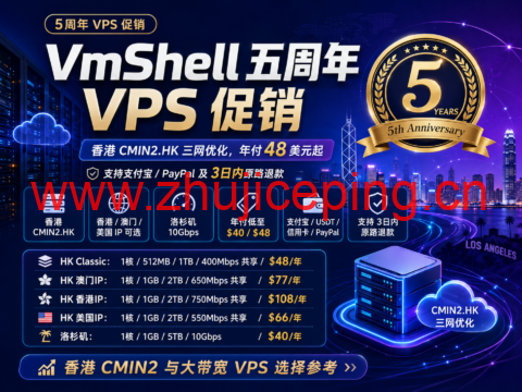 VmShell 五周年 VPS 促销:香港 CMIN2.HK 三网优化,年付 48 美元起,支持支付宝/PayPal及3日退款-国外主机测评