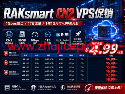 RAKsmart CN2 VPS促销:1Gbps端口/1TB流量,1核1G月付4.99美元起-国外主机测评