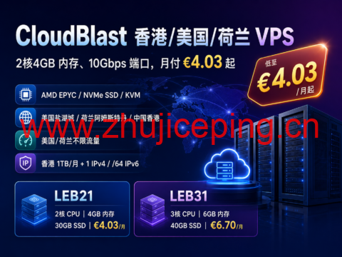 CloudBlast 香港/美国/荷兰 VPS:2核4GB 内存、10Gbps 端口,月付 €4.03 起-国外主机测评