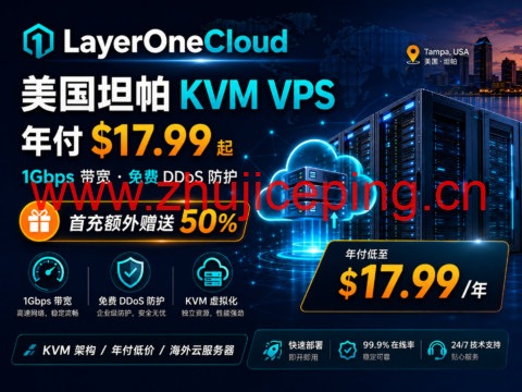 LayerOneCloud:美国坦帕 KVM VPS 年付 $17.99 起,1Gbps 带宽、免费 DDoS,首充额外赠送 50%-国外主机测评