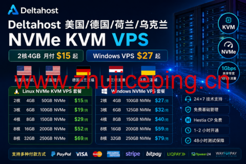Deltahost 美国/德国/荷兰/乌克兰 NVMe KVM VPS:2核4GB 月付 $15 起,Windows VPS $27 起-国外主机测评