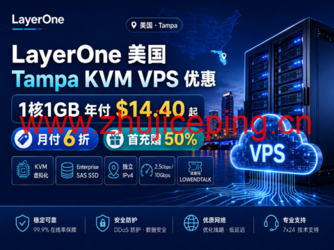 LayerOne 美国 Tampa KVM VPS 优惠:1核1GB 年付 $14.40 起,月付 6 折、首充赠 50%-国外主机测评