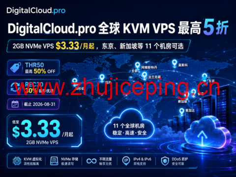 DigitalCloud.pro 全球 KVM VPS 最高 5 折:2GB NVMe $3.33/月起,东京、新加坡等 11 个机房可选-国外主机测评
