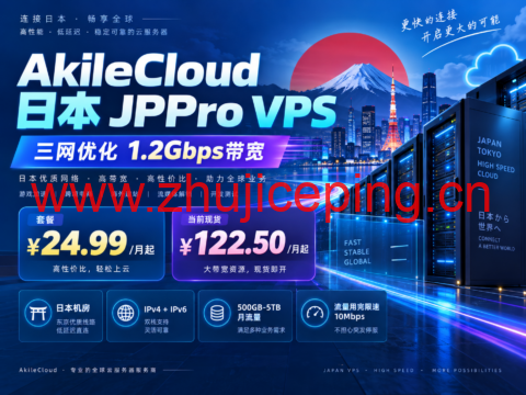 AkileCloud 日本 JPPro VPS：三网优化 1.2Gbps带宽，套餐¥24.99起，当前现货¥122.50/月起-国外主机测评