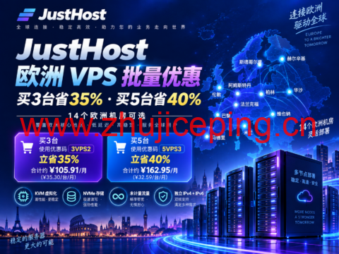 JustHost 欧洲 VPS 批量优惠：买3台省35%、买5台省40%，14个欧洲机房可选-国外主机测评