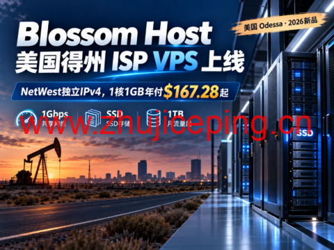 Blossom Host 美国得州 ISP VPS 上线:NetWest独立IPv4,1核1GB年付$167.28起-国外主机测评